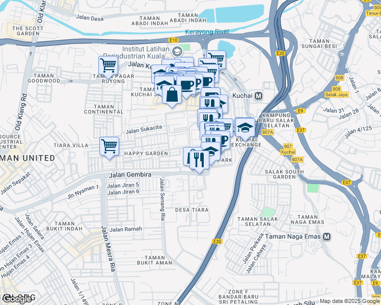 map of restaurants, bars, coffee shops, grocery stores, and more near 3109 Jalan Riang in Kuala Lumpur