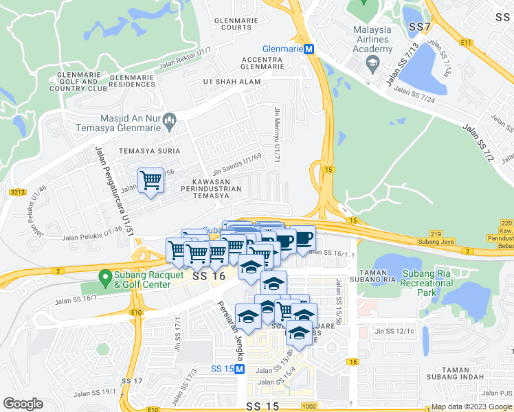 map of restaurants, bars, coffee shops, grocery stores, and more near Jalan Pengaturcara U1/51 in Shah Alam