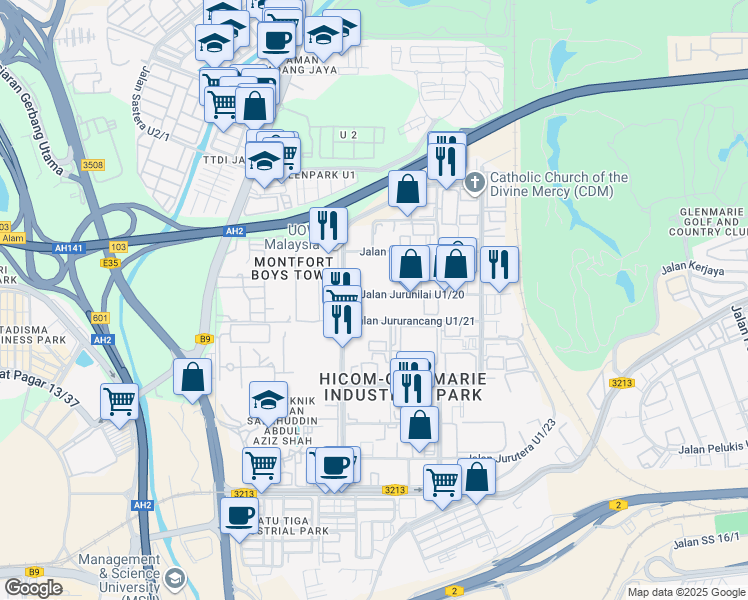 map of restaurants, bars, coffee shops, grocery stores, and more near 5 Jalan Jurunilai U1/20 in Shah Alam