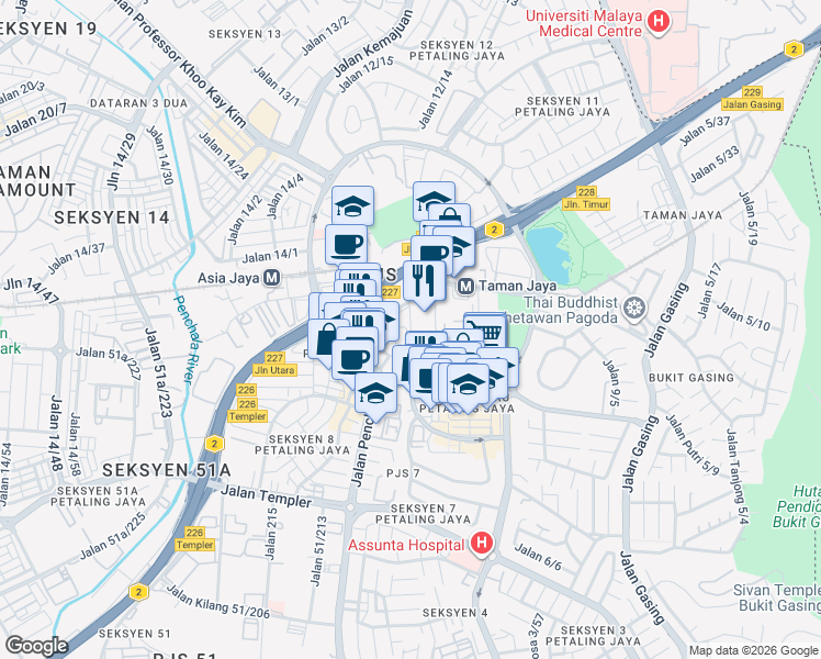map of restaurants, bars, coffee shops, grocery stores, and more near Persiaran Barat in Petaling Jaya