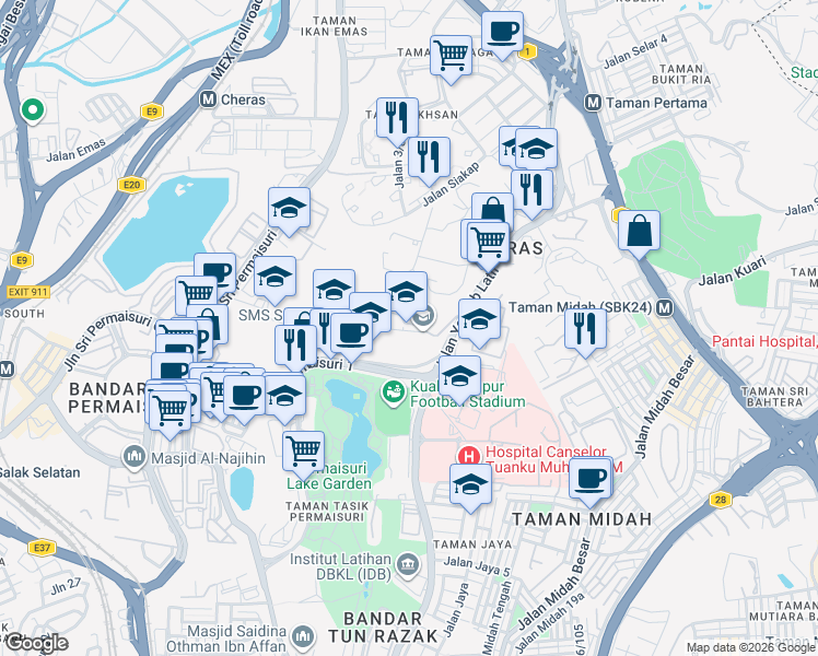 map of restaurants, bars, coffee shops, grocery stores, and more near Jalan Yaacob Latif in Kuala Lumpur