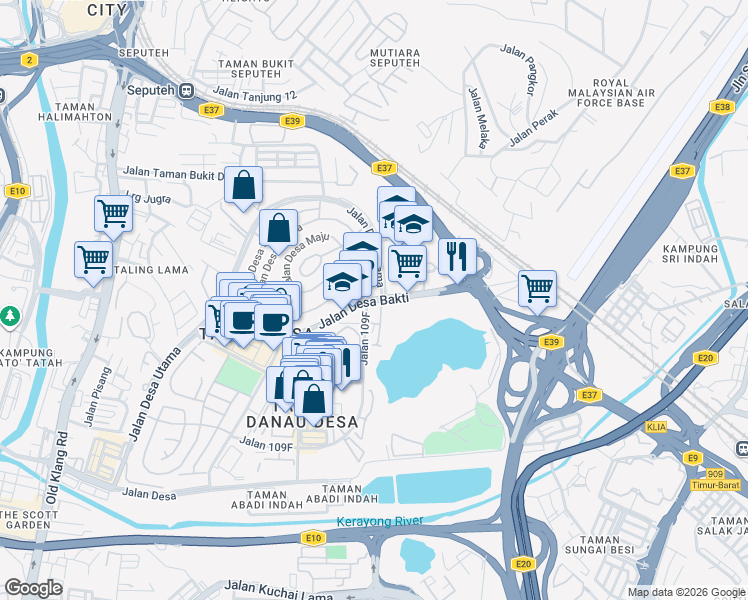 map of restaurants, bars, coffee shops, grocery stores, and more near Jalan Desa Bakti in Kuala Lumpur