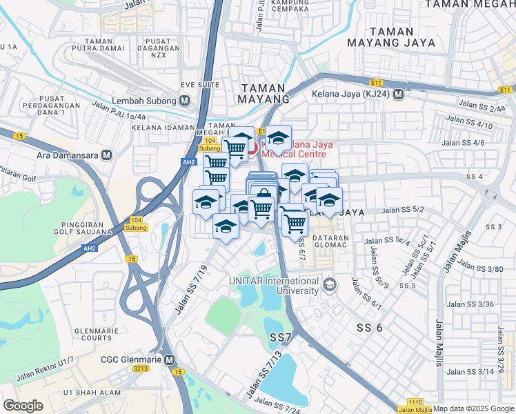 map of restaurants, bars, coffee shops, grocery stores, and more near Jalan SS 7/26 in Petaling Jaya