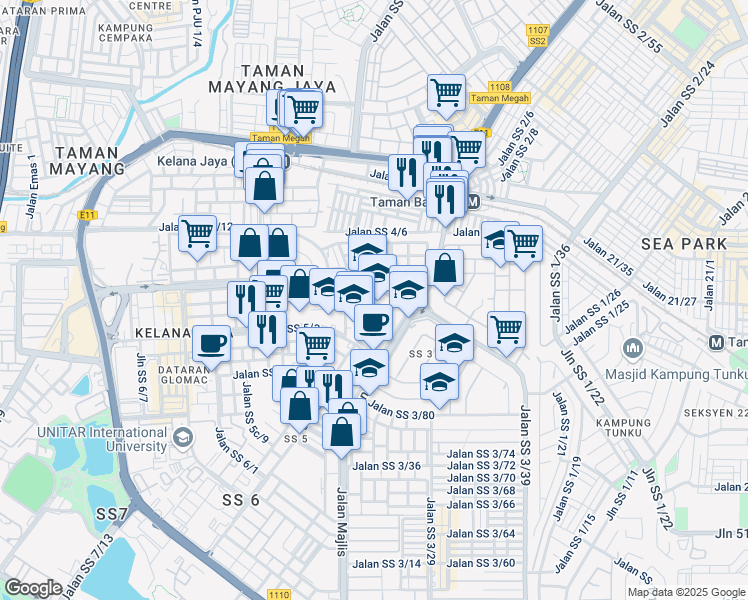 map of restaurants, bars, coffee shops, grocery stores, and more near 14 Jalan SS 5d/4 in Petaling Jaya