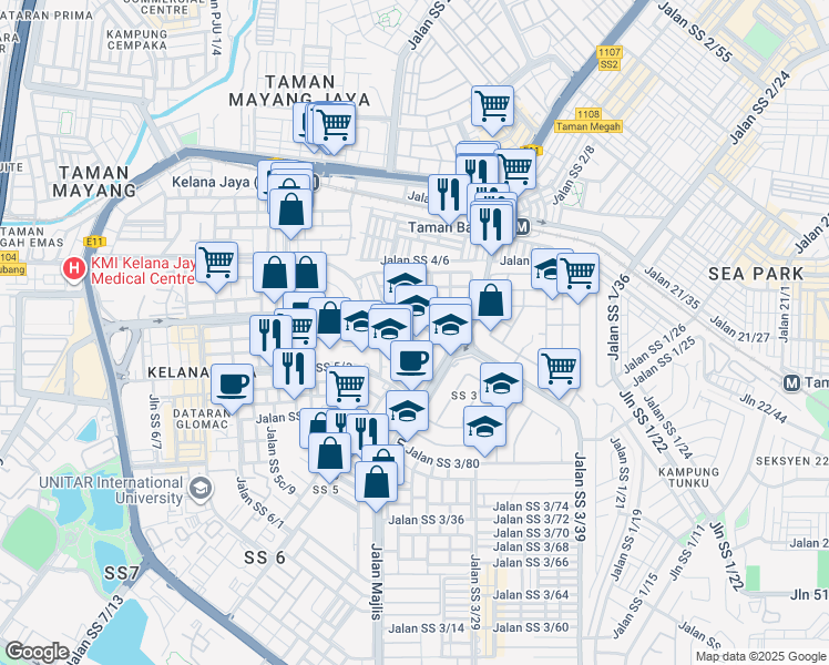 map of restaurants, bars, coffee shops, grocery stores, and more near 14 Jalan SS 5d/4 in Petaling Jaya