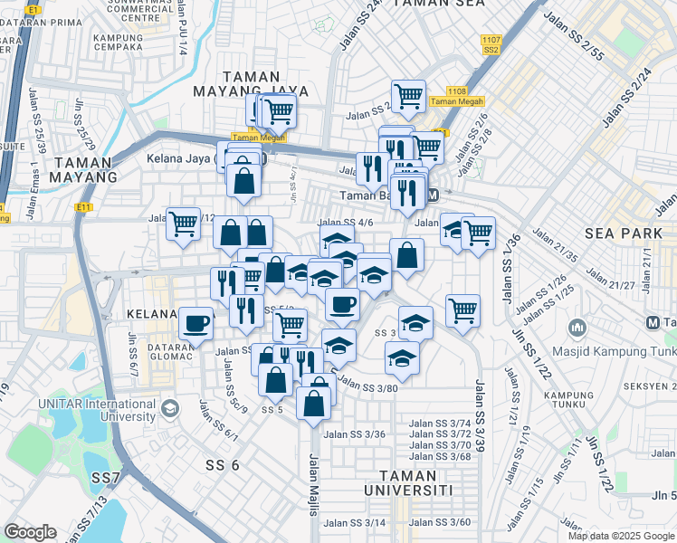 map of restaurants, bars, coffee shops, grocery stores, and more near 14 Jalan SS 5d/4 in Petaling Jaya
