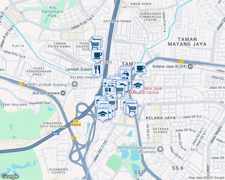 map of restaurants, bars, coffee shops, grocery stores, and more near in Petaling Jaya