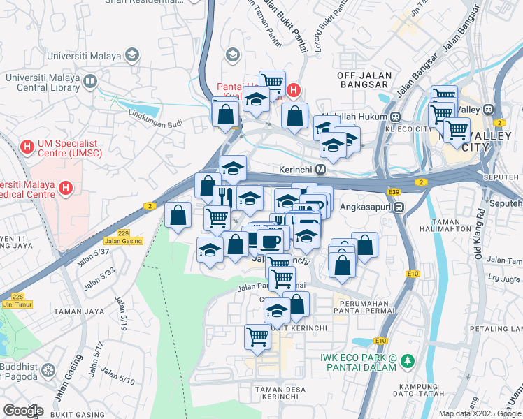 map of restaurants, bars, coffee shops, grocery stores, and more near Jalan Kerinchi Kiri 2 in Kuala Lumpur