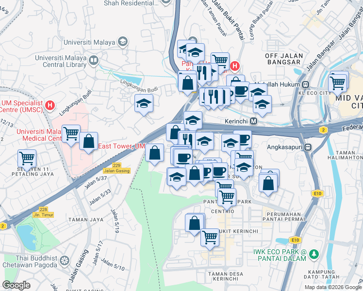 map of restaurants, bars, coffee shops, grocery stores, and more near Jalan Kerinchi in Kuala Lumpur