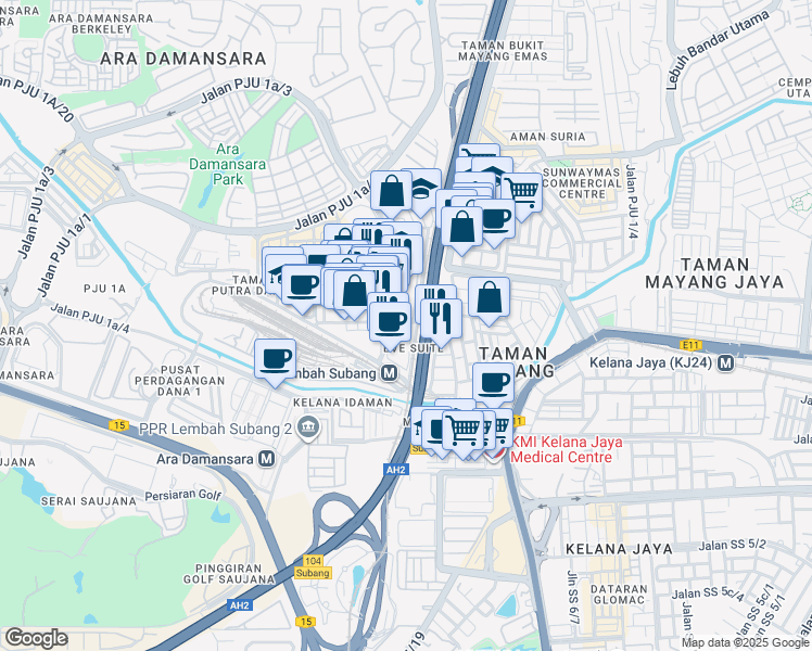 map of restaurants, bars, coffee shops, grocery stores, and more near Jalan PJU 1A/41 in Petaling Jaya