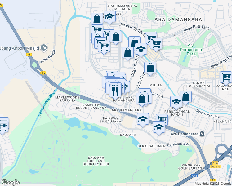 map of restaurants, bars, coffee shops, grocery stores, and more near 2 Jalan PJU 1A/7 in Petaling Jaya