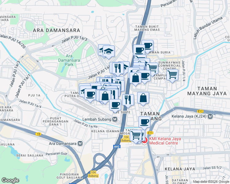 map of restaurants, bars, coffee shops, grocery stores, and more near Jalan PJU 1A/41 in Petaling Jaya