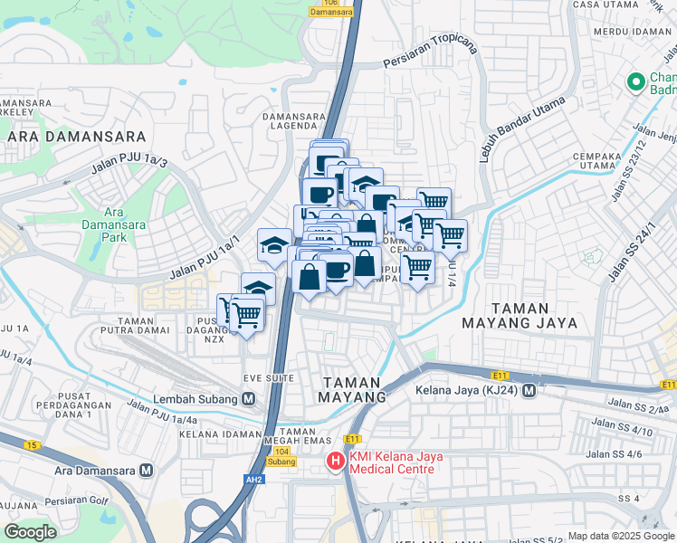 map of restaurants, bars, coffee shops, grocery stores, and more near Jalan PJU 1/39 in Petaling Jaya
