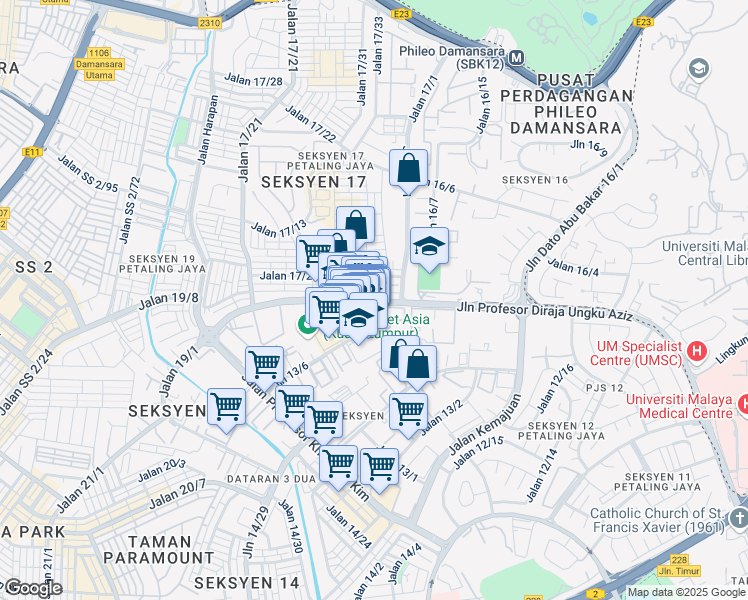 map of restaurants, bars, coffee shops, grocery stores, and more near Jalan Profesor Diraja Ungku Aziz in Petaling Jaya