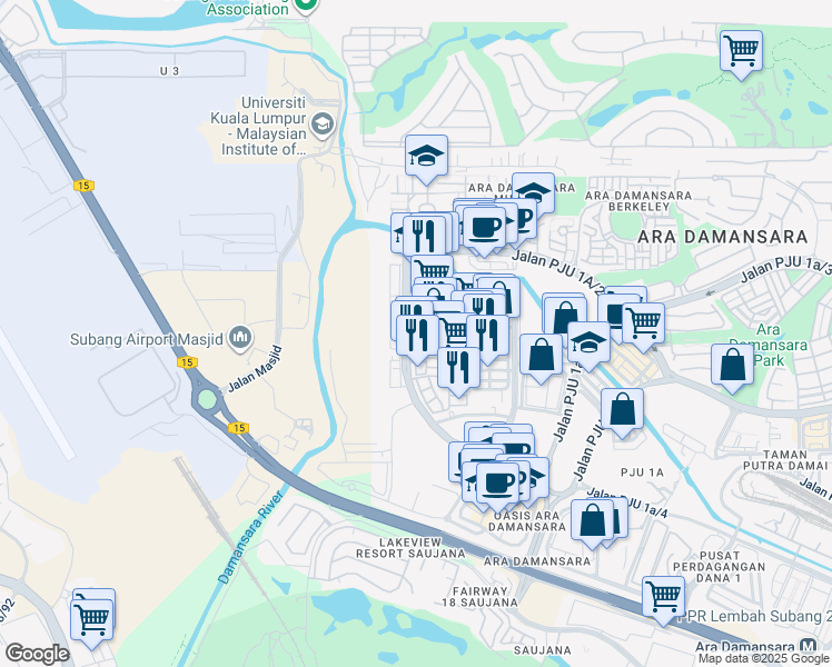 map of restaurants, bars, coffee shops, grocery stores, and more near 10 Jalan PJU 1a/11 in Petaling Jaya