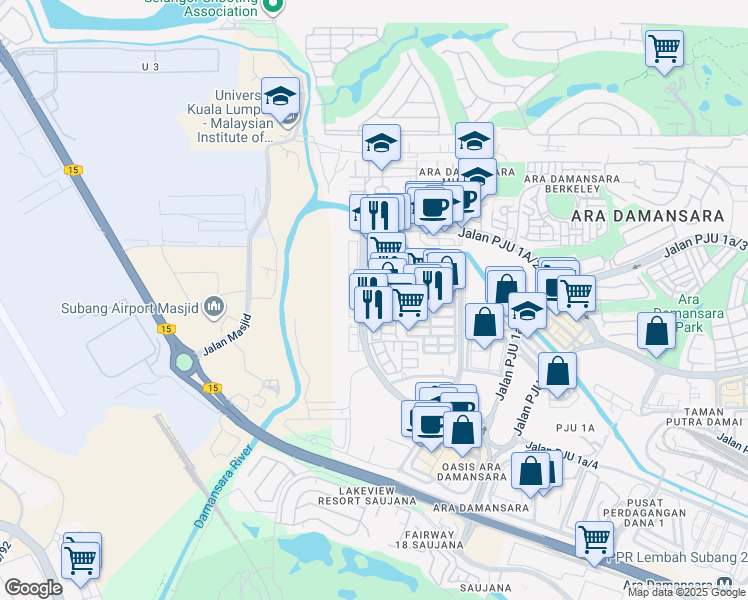 map of restaurants, bars, coffee shops, grocery stores, and more near 10 Jalan PJU 1a/11 in Petaling Jaya