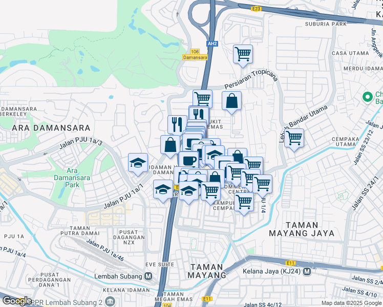map of restaurants, bars, coffee shops, grocery stores, and more near Jalan Bukit Mayang Emas in Petaling Jaya