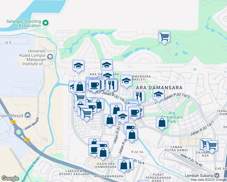map of restaurants, bars, coffee shops, grocery stores, and more near Jalan PJU 1a/21 in Petaling Jaya