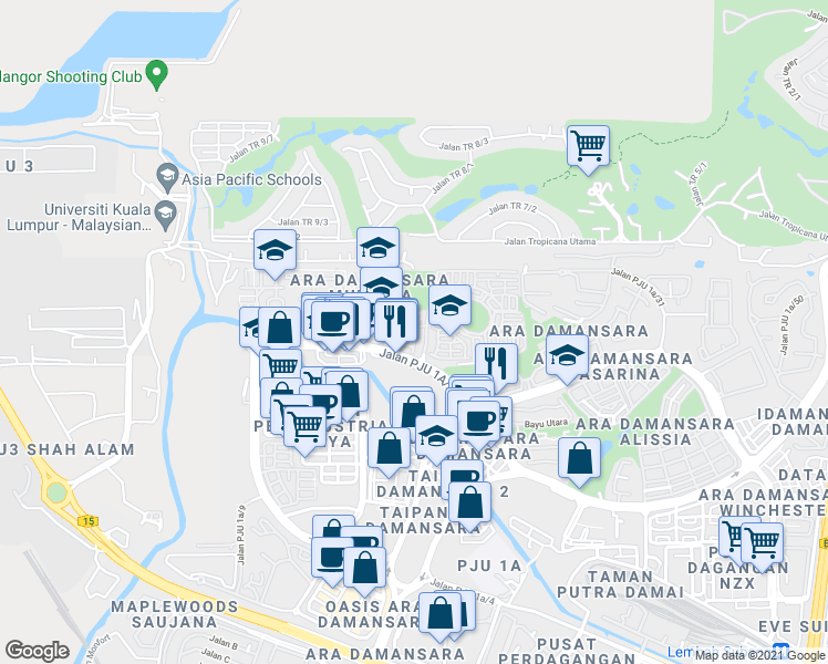 map of restaurants, bars, coffee shops, grocery stores, and more near Jalan PJU 1a/21 in Petaling Jaya