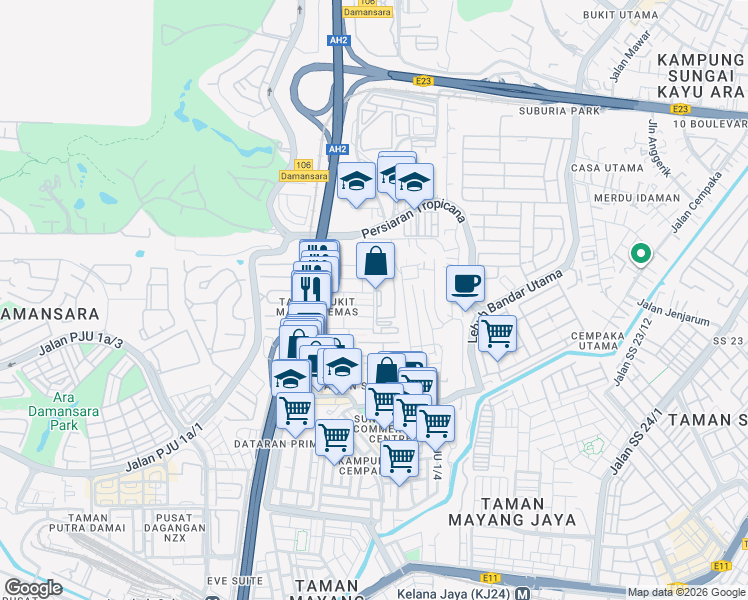 map of restaurants, bars, coffee shops, grocery stores, and more near Jalan BM 1/8 in Petaling Jaya