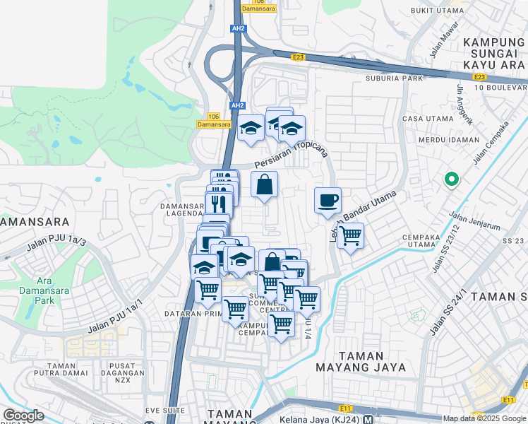 map of restaurants, bars, coffee shops, grocery stores, and more near Jalan BM 1/8 in Petaling Jaya