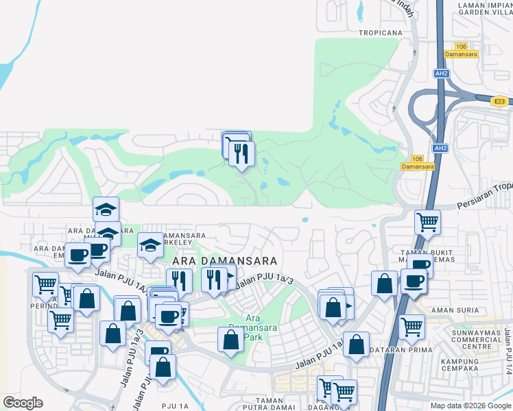 map of restaurants, bars, coffee shops, grocery stores, and more near Jalan Tropicana Utama & Jalan Kelab Tropicana in Petaling Jaya
