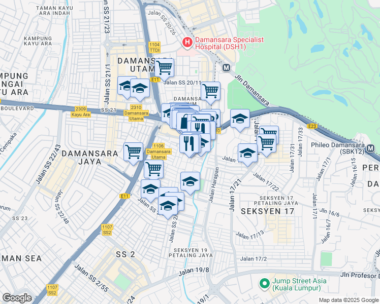 map of restaurants, bars, coffee shops, grocery stores, and more near 217 Jalan SS 2/72 in Petaling Jaya