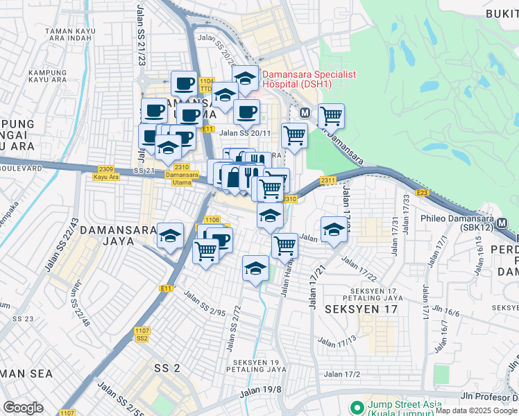 map of restaurants, bars, coffee shops, grocery stores, and more near Jalan SS 20/27 in Petaling Jaya