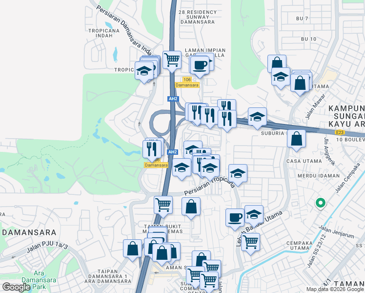 map of restaurants, bars, coffee shops, grocery stores, and more near 3 Jalan Tropicana Selatan in Petaling Jaya