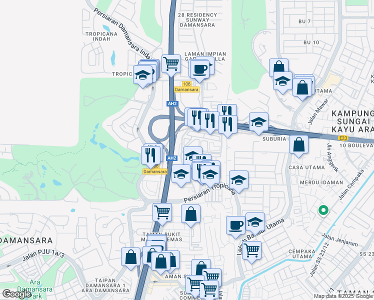 map of restaurants, bars, coffee shops, grocery stores, and more near 3 Jalan Tropicana Selatan in Petaling Jaya