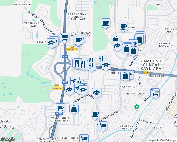 map of restaurants, bars, coffee shops, grocery stores, and more near Jalan Tropicana Selatan 1 in Petaling Jaya