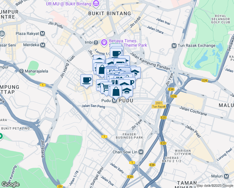 map of restaurants, bars, coffee shops, grocery stores, and more near Jalan Pudu & Jalan Kancil in Kuala Lumpur