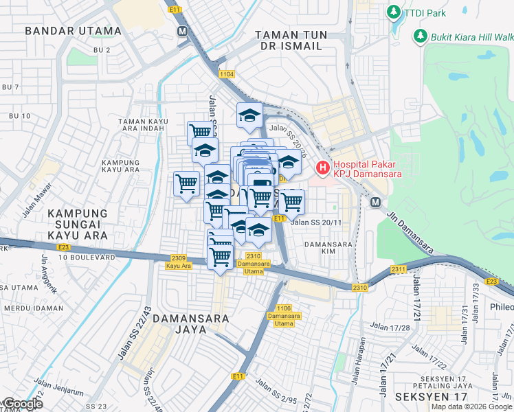 map of restaurants, bars, coffee shops, grocery stores, and more near 2a Jalan SS 21/37 in Petaling Jaya