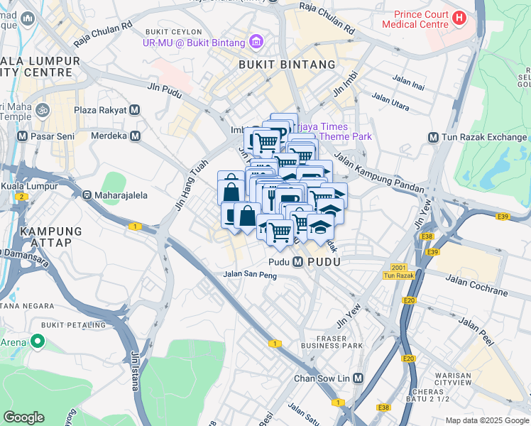 map of restaurants, bars, coffee shops, grocery stores, and more near 221 Jalan Pudu in Kuala Lumpur
