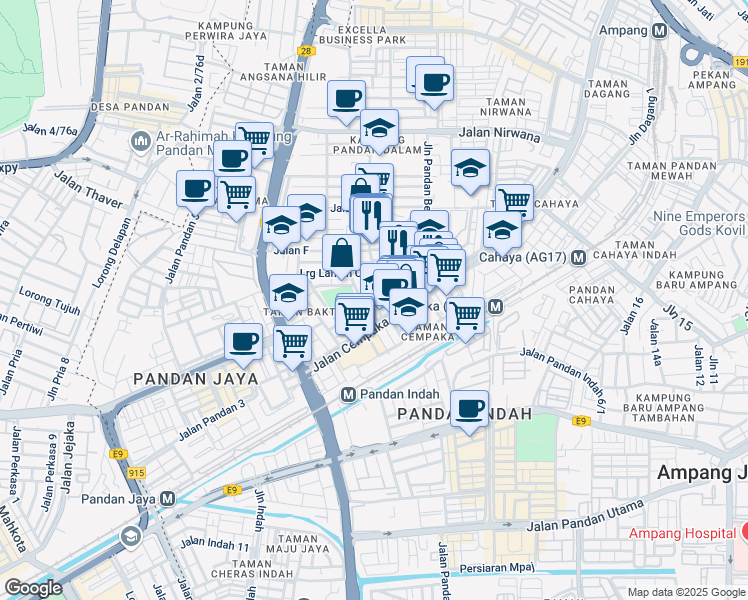 map of restaurants, bars, coffee shops, grocery stores, and more near Jalan Cempaka 25 & Jalan Cempaka 26 in Ampang