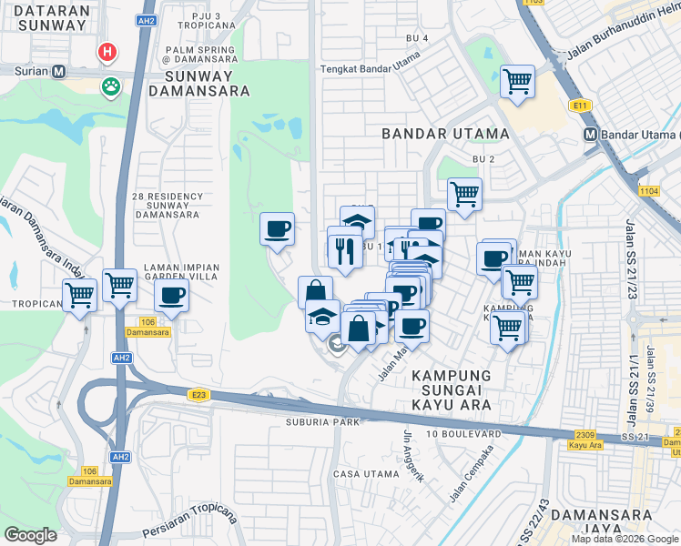 map of restaurants, bars, coffee shops, grocery stores, and more near Persiaran Bukit Utama in Petaling Jaya