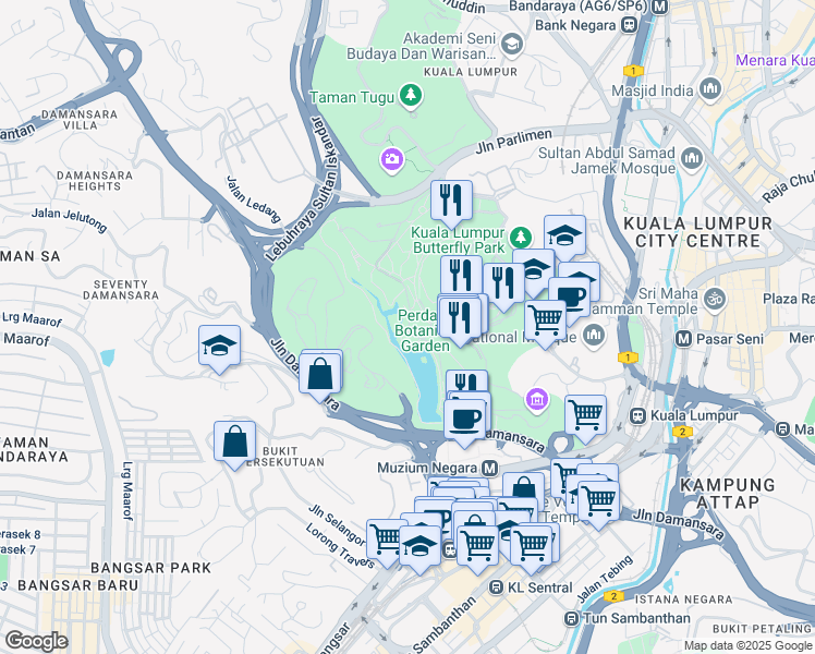 map of restaurants, bars, coffee shops, grocery stores, and more near Jalan Kebun Bunga in Kuala Lumpur