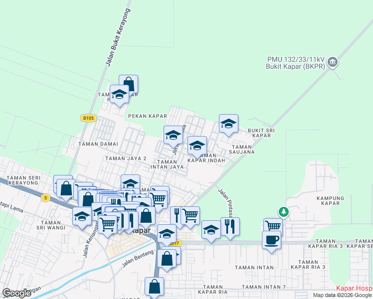 map of restaurants, bars, coffee shops, grocery stores, and more near 43 Jalan Raja Nala 6c in Kapar