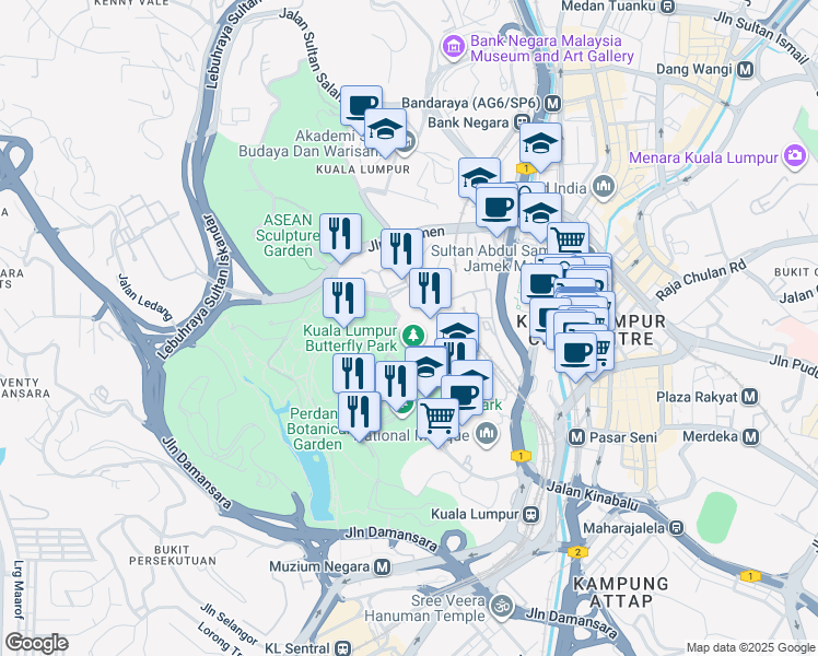map of restaurants, bars, coffee shops, grocery stores, and more near Jalan Cenderasari in Kuala Lumpur