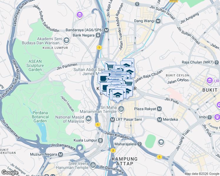map of restaurants, bars, coffee shops, grocery stores, and more near Leboh Pasar Besar in Kuala Lumpur