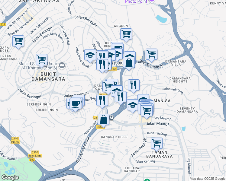 map of restaurants, bars, coffee shops, grocery stores, and more near Jalan Damanlela in Kuala Lumpur