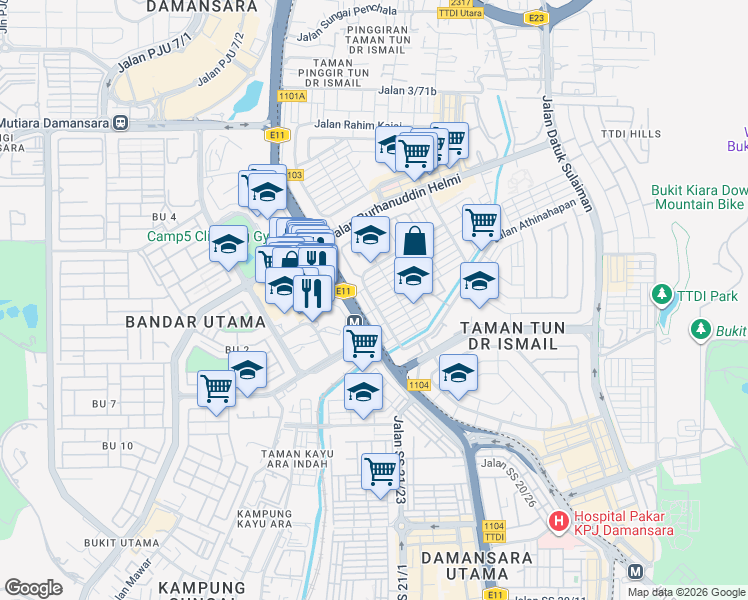 map of restaurants, bars, coffee shops, grocery stores, and more near Jalan Burhanuddin Helmi 2 in Kuala Lumpur
