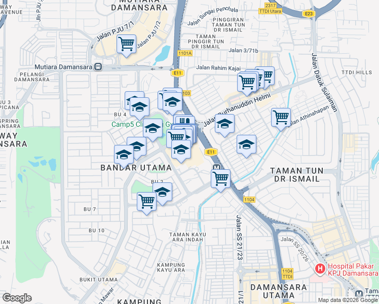 map of restaurants, bars, coffee shops, grocery stores, and more near 1 Lebuh Bandar Utama in Petaling Jaya