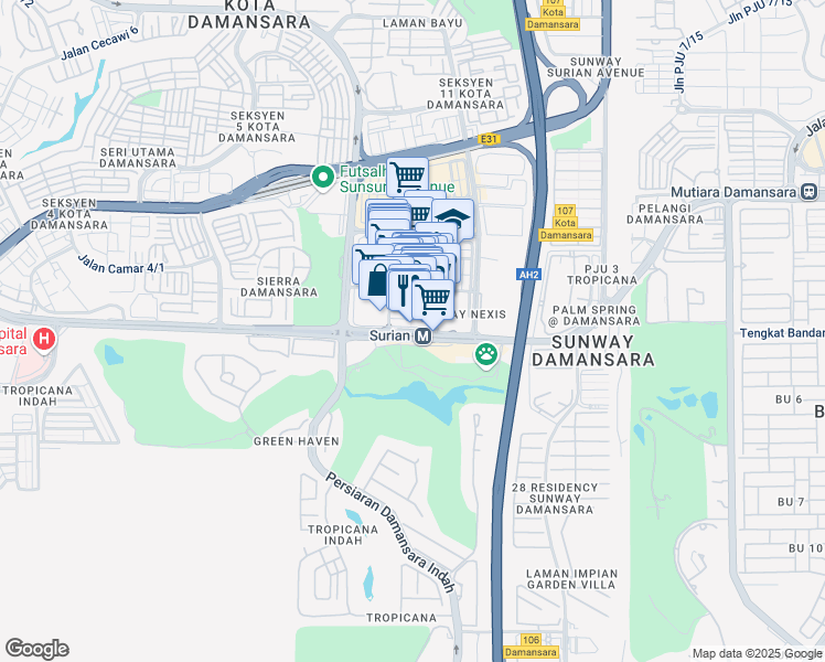 map of restaurants, bars, coffee shops, grocery stores, and more near Persiaran Surian in Petaling Jaya