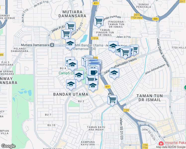 map of restaurants, bars, coffee shops, grocery stores, and more near 1 Lebuh Bandar Utama in Petaling Jaya
