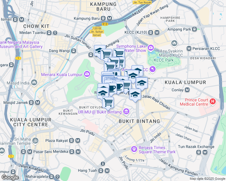 map of restaurants, bars, coffee shops, grocery stores, and more near 78 Jalan Raja Chulan in Kuala Lumpur