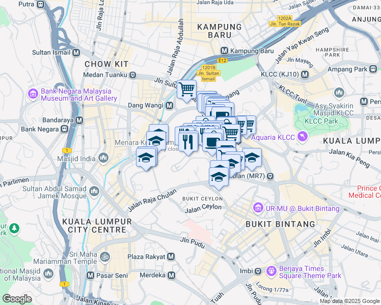 map of restaurants, bars, coffee shops, grocery stores, and more near 2 Jalan Puncak in Kuala Lumpur