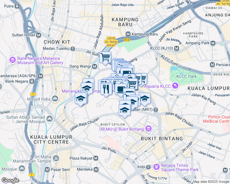 map of restaurants, bars, coffee shops, grocery stores, and more near Jalan Puncak in Kuala Lumpur