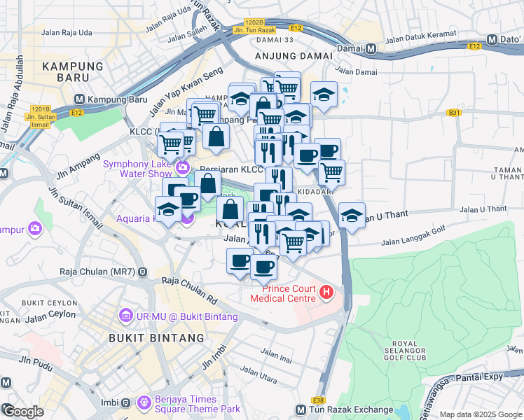 map of restaurants, bars, coffee shops, grocery stores, and more near Persiaran KLCC in Kuala Lumpur