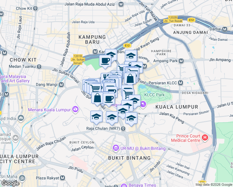 map of restaurants, bars, coffee shops, grocery stores, and more near 1 Jalan Pinang in Kuala Lumpur